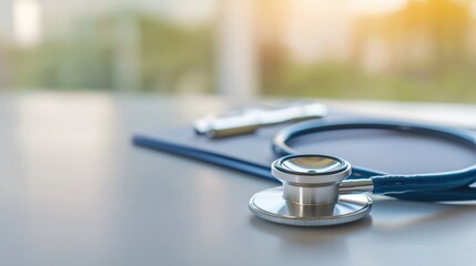Healthcare tools in focusstethoscope on a desk medical environment professional setting close-up view for health awareness