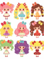 Fototapeta premium Cheerful Cartoon Girl Stickers: A Diverse Hair and Costume Collection