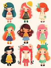 Cheerful Cartoon Girl Stickers: A Diverse Hair and Costume Collection