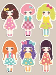 Cheerful Cartoon Girl Stickers: A Diverse Hair and Costume Collection