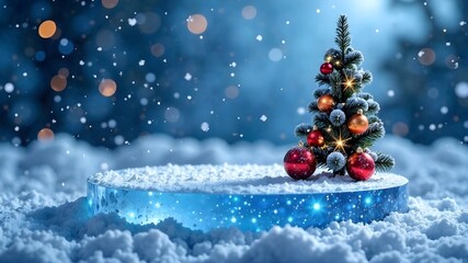 Ice snow platform for product presentation. Christmas balls, Christmas tree. Winter sale.