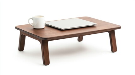 Cozy home office setup with laptop and coffee modern living room furniture minimalist design close-up view for productivity