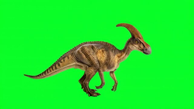 Parasaurolophus Dinosaur Strolling on a Bright Green Screen, Showcasing Its Majestic Form and Evoking a Sense of Prehistoric Wonder