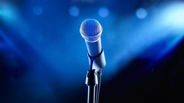 Stand microphone set up on stage lit by blue lights. 4K