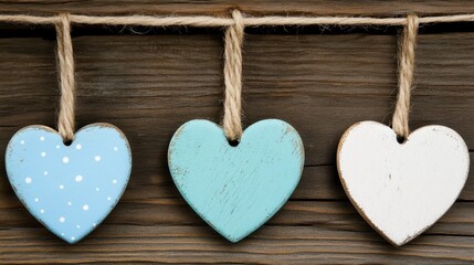 Fototapeta premium Wooden Hearts on Twine with Rustic Background for Decoration