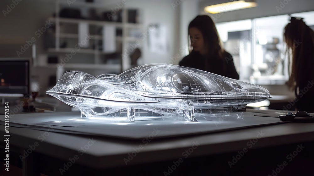 Poster a holographic model of a futuristic spaceship being designed by engineers