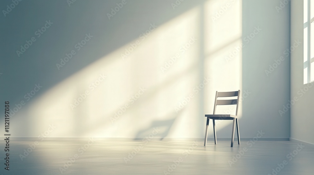 Poster this 4k image captures a single chair in an empty, open space, with soft light filling the room.