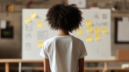 A young woman stands in front of a white board with yellow post-it notes on it. She is looking at the board, possibly trying to understand the information or ideas presented