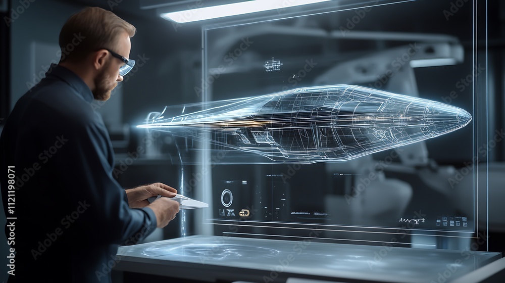 Poster a holographic model of a futuristic spaceship being designed by engineers