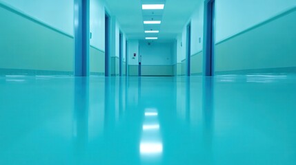 Obraz premium Bright and Clean Hospital Corridor with Shiny Blue Flooring