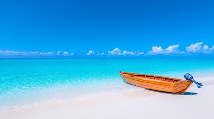 Naklejka premium Tranquil Escape: Wooden Rowboat on a Pristine Beach 
