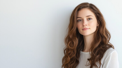 Naklejka premium Photo of young teenage model with brown hair on white background with right side close up and margins
