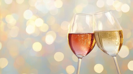 Two Elegant Wine Glasses Clinking Together Against a Glittering Background of Soft Bokeh Lights in Warm Tones Celebrating Joyful Moments and Special Occasions