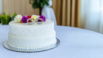 Naklejka premium Elegant wedding cake adorned with flowers and wedding rings