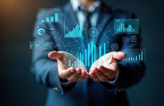 Businessman holds data-driven tech insights. Modern digital graphs, numbers float in hands. Informed business strategies, data management. Tech, analytics concepts. Decision making process presented