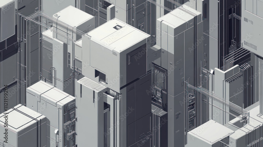 Poster abstract isometric city of grey and white geometric structures, creating a futuristic and technologi