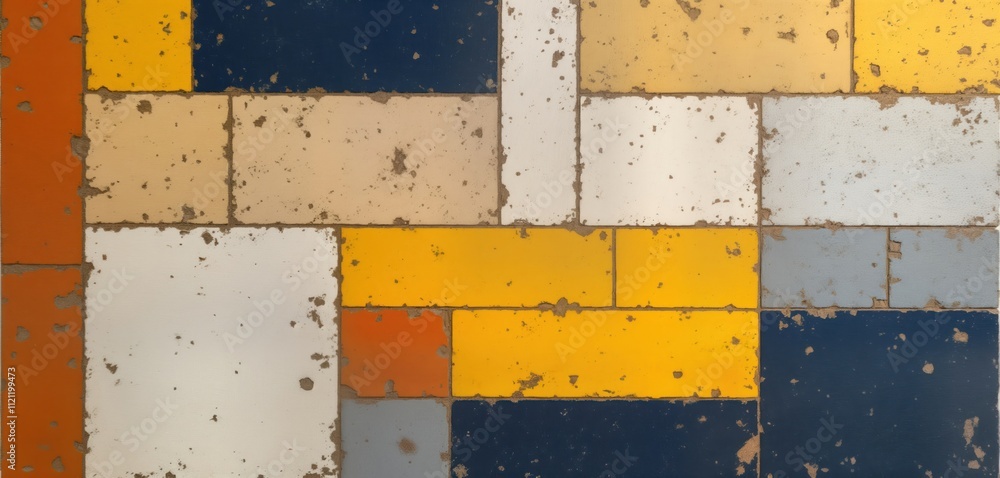 Poster Colorful geometric patterned tiles create intriguing design on rustic surface. Tiles various shades of yellow light orange light beige white, dark blue with textured look suggesting aged vintage