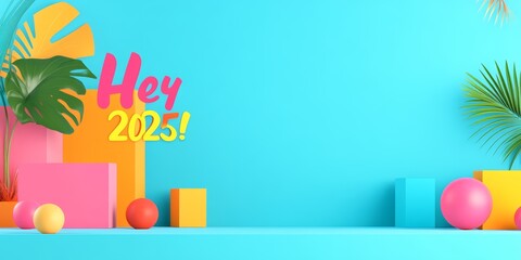Vibrant Abstract Tropical Background with Bold Hey 2025 Text and Geometric Shapes
