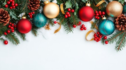 Festive Christmas Background with Ornaments, Pine Cones, and Holly on Snowy Surface