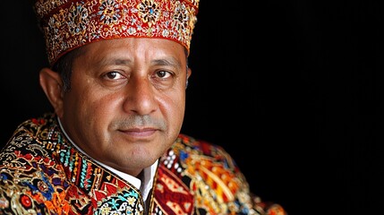 Obraz premium Portrait of a man in ornate, colorful headwear and robe against a black background.
