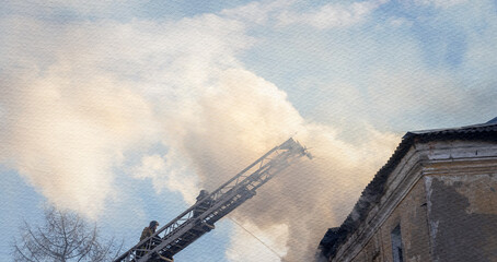 Fire truck is spraying water on a building