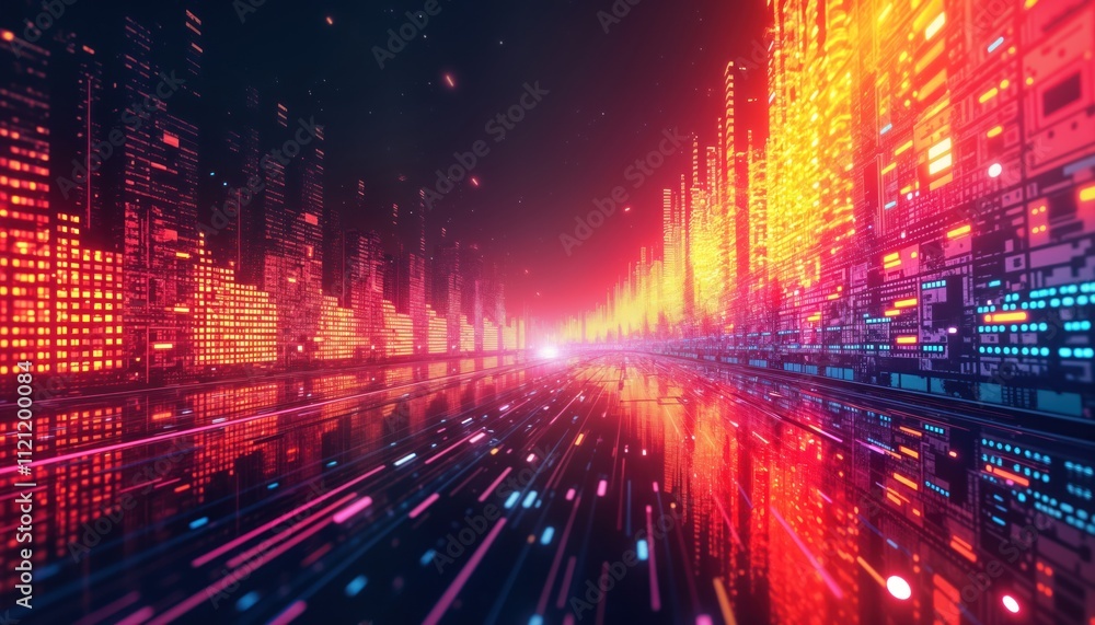 Poster digital city street glowing vibrant colors. abstract radio waves pixelated noise. fast moving tech c