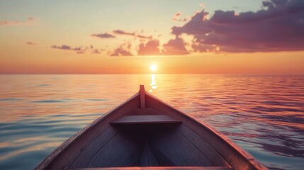 boat in calm waters, the setting sun casting a serene glow that reflects off the sea, blending warm colors across the horizon