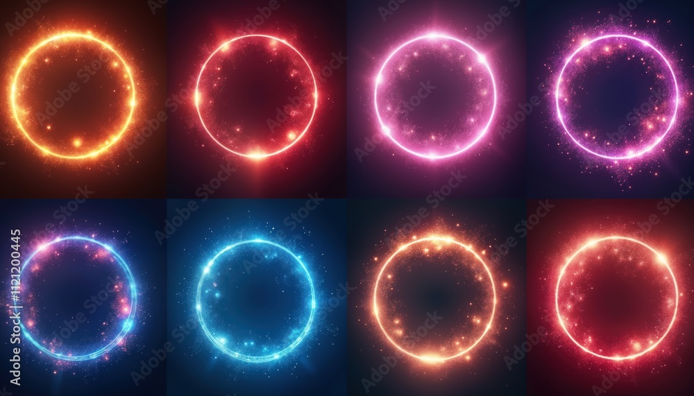 Aufkleber modern optical halo flares with neon light effects. digital design creates glowing rings with glitte
