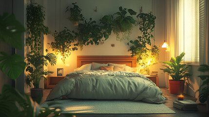 indoor plants that aid sleep placed in a bedroom , Minimalist  bedroom with filled with natural light , green plants in bedroom for improving sleep quality
