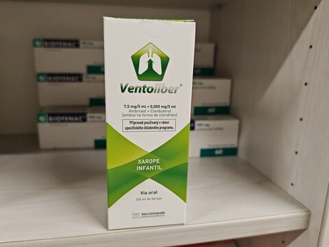 Prague,Czech Republic-January 8 2025: Ventoliber contains AMBROXOL and CLENBUTEROL, a combination medication used for treating respiratory diseases by loosening mucus and improving airflow.

