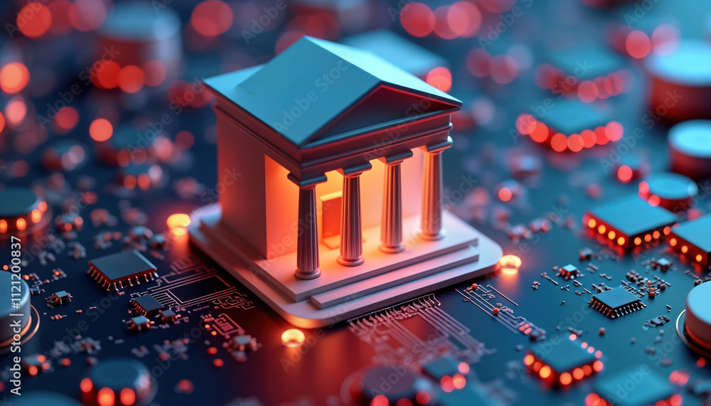 Poster Digital bank model rests on tech circuit board. Fintech innovation transforms finance. Modern mobile banking app interfaces, digital wallets displayed. Blockchain payments also on scene.