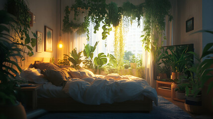 indoor plants that aid sleep placed in a bedroom , Minimalist  bedroom with filled with natural light , green plants in bedroom for improving sleep quality
