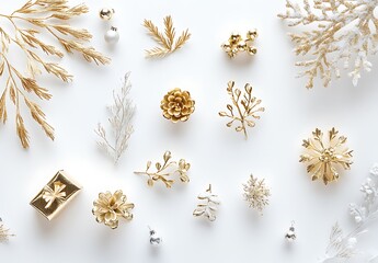 A beige christmas background with golden Christmas decorations and gifts