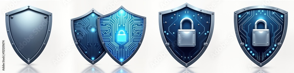 Poster illustration displays three different security shields. shield shows different approach to protectio