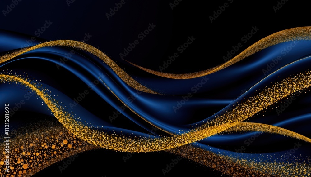 Aufkleber Abstract graphic design with navy blue, gold. Dynamic flowing shapes create luxurious, elegant background. Gold particles add touch of glamour, sophistication. Suitable for tech business concepts.