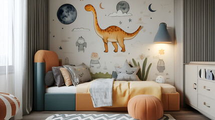  rendering children's room with night sky and moon background , A Children room with a jungle themed mural , beautiful room wall on dinosaur background 