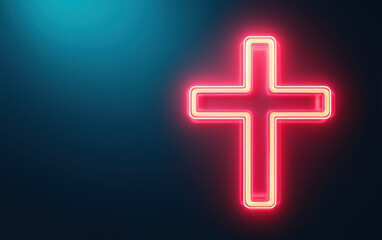 Fototapeta premium glowing neon cross symbol on dark background, representing faith and spirituality. vibrant colors evoke sense of hope and warmth