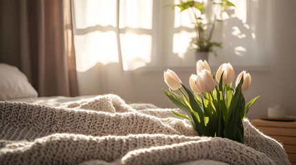 Spring concept with pink tulips lying on a blanket in a bright modern interior , A beautiful banner for spring and summer on bed  ,  fresh blossom flowers in vase and on a bed
