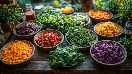 Fototapeta premium Colorful Assortment of Fresh Vegetables and Herbs Set on Rustic Wooden Table Surrounded by Vibrant Plants, Ideal for Healthy Eating and Farm-to-Table Concepts