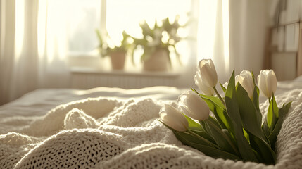 Spring concept with pink tulips lying on a blanket in a bright modern interior , A beautiful banner for spring and summer on bed  ,  fresh blossom flowers in vase and on a bed
