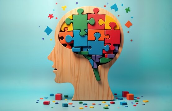 Wooden head shape brain made of colorful puzzle pieces. Illustration complex thinking process, logical mind. Parts of brain connected. Concept of connecting ideas, problem-solving abilities. Abstract