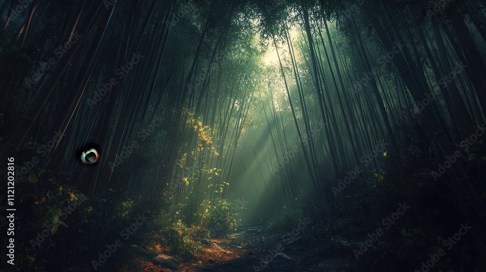 Poster dense bamboo forest at twilight, with rays of fading light creating beautiful patterns through the b