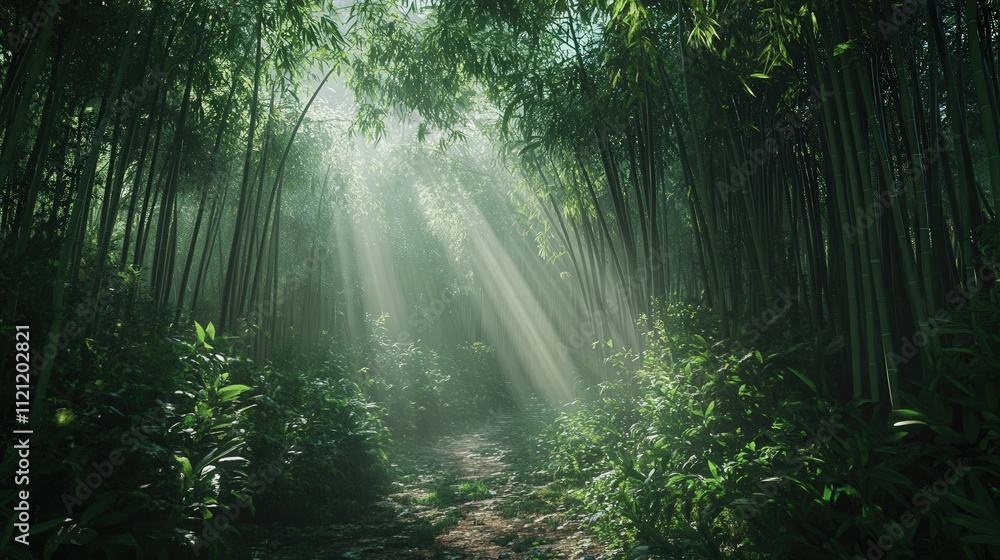 Aufkleber dense bamboo forest at twilight, with rays of fading light creating beautiful patterns through the b