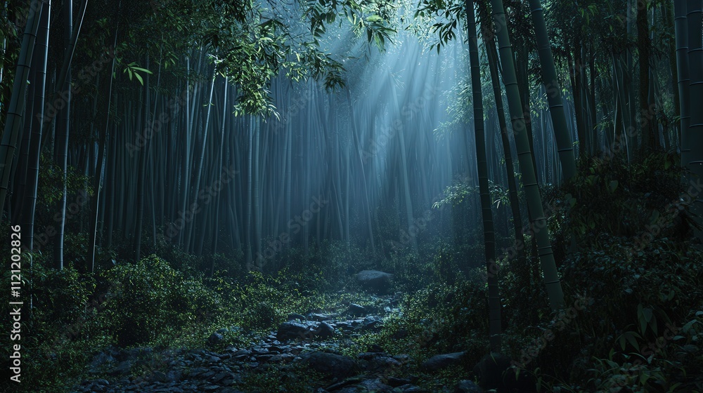 Poster dense bamboo forest at twilight, with rays of fading light creating beautiful patterns through the b
