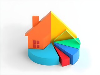 Pie chart segments forming house shapes, representing economic analysis of home loans, 3D illustration