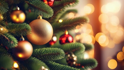 A close up of a christmas tree with ornaments. christmas tree decoration. christmas tree with balls. wallpaper christmas