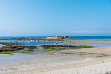 Scenic view of Fort Bloqué with coastal tides in Brittany, France