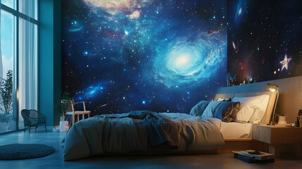 Interior of a bedroom with a large window, a blue bed and a nightstand , Child's bedroom interior is transformed , a bedroom with stars projected on ceiling
