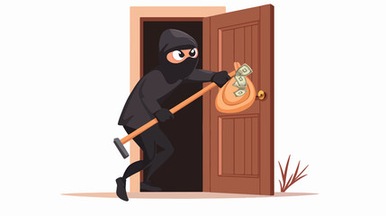 Obraz premium Masked robber using crowbar for break-in. Criminal in black clothes during robbery at night.