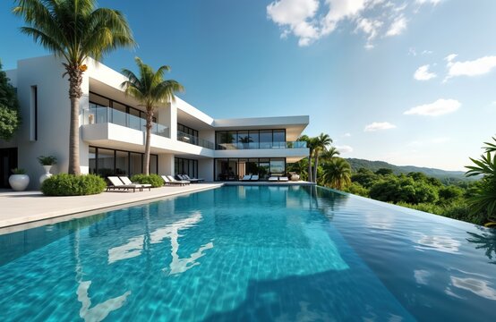 Luxury villa boasts infinity pool with turquoise water reflecting modern architecture. Palm trees surround property overlooking rich green hills. Relaxation, tropical vibe. Modern design. Ideal for